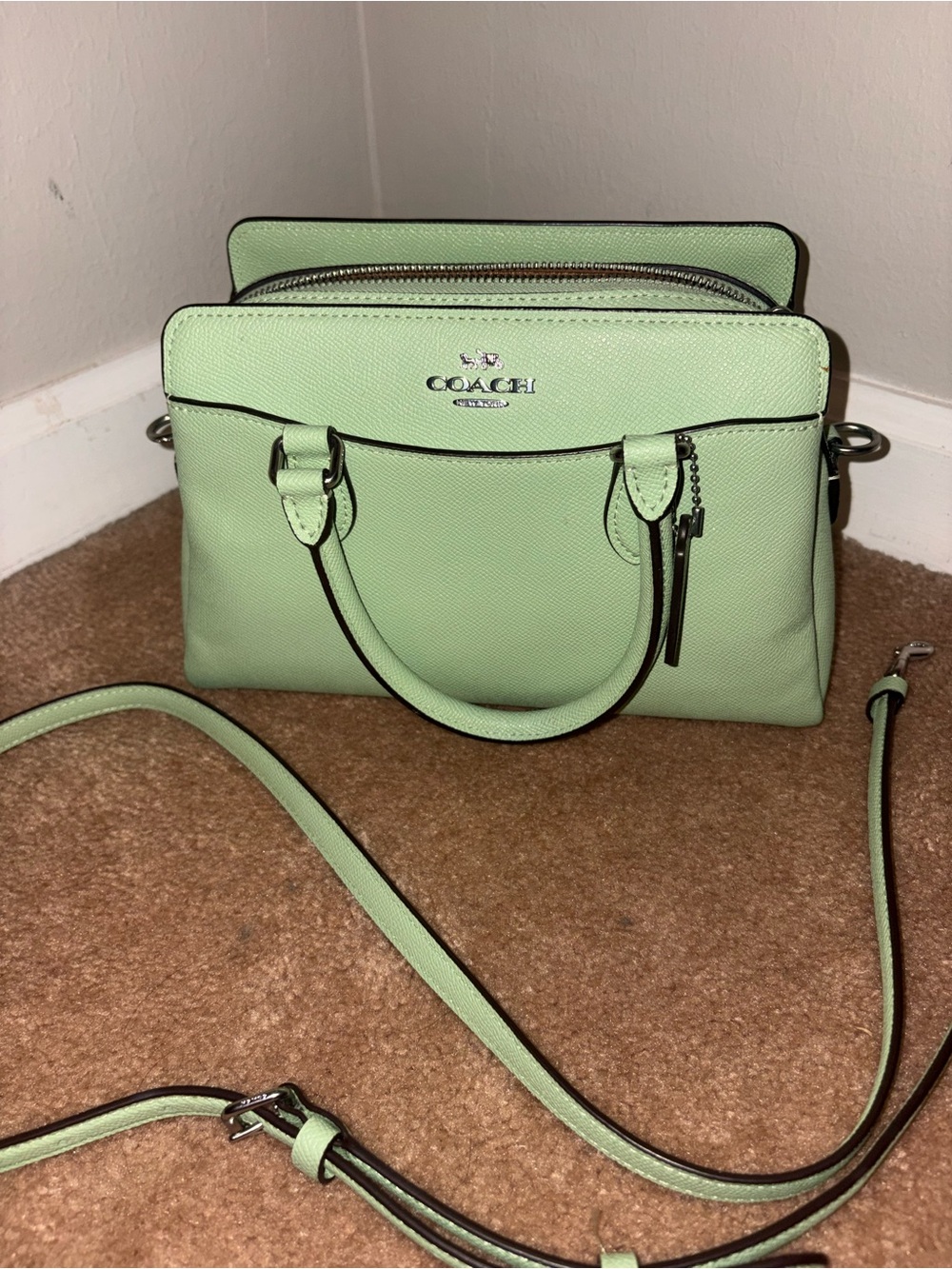 COACH Darcie Mint Green Leather Satchel with Crossbody Strap